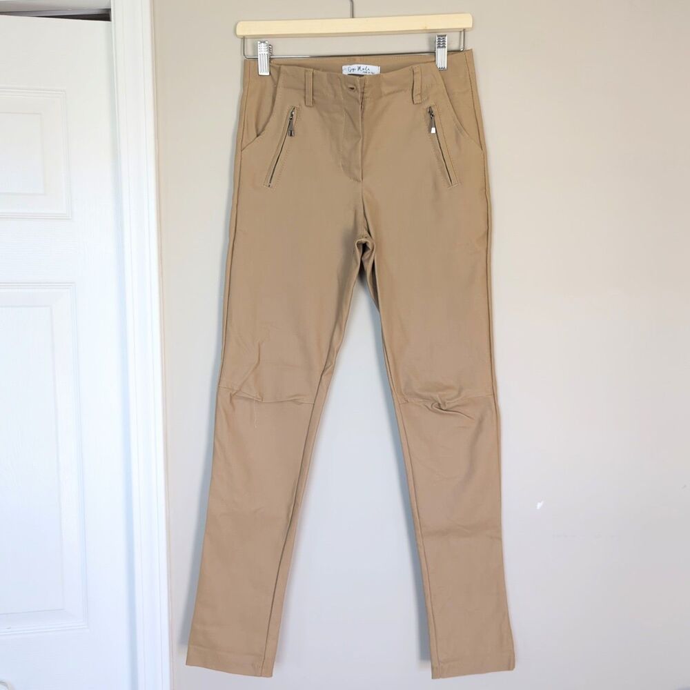 Gigi Moda Tan Faux Leather Skinny Jeans/Pants Small Slash Zip Pocket Moto